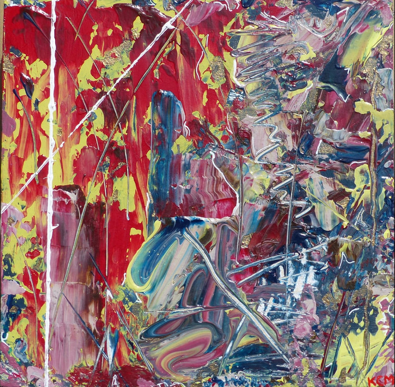Abstract painting of smeared and scribbled paint in red, blue, yellow, and burgundy.
