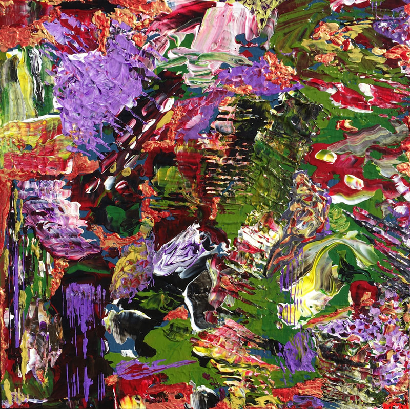 abstract of smeared colors: purple, pink, red, green black, yellow.