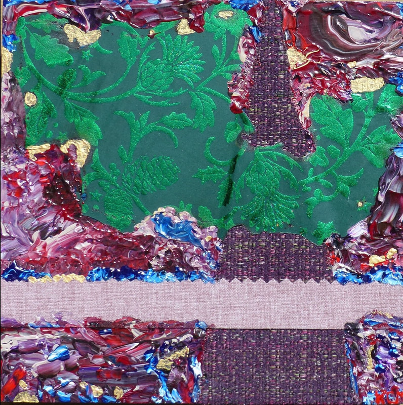 Collage of fabric and acrylic paint in burgundy with a large swath of green brocade in the middle 