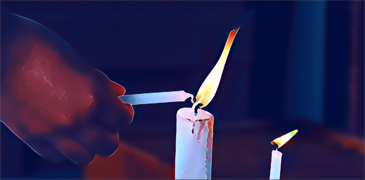 Illustration of a brown hand holding a candle to a candle. Background is black.