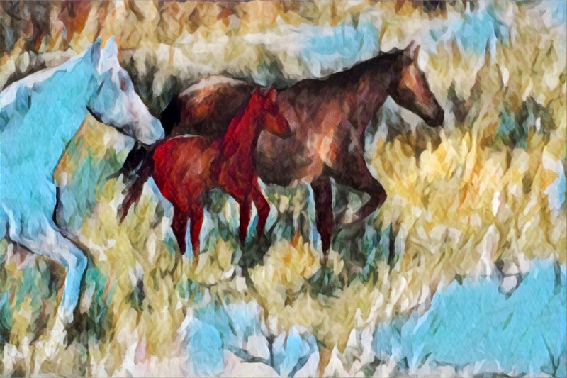 Digitized watercolor of two brown horses in a field. 