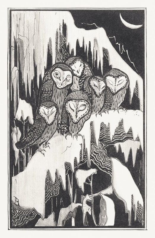 Black and white drawing. A parliament of owls on a snowy branch. 