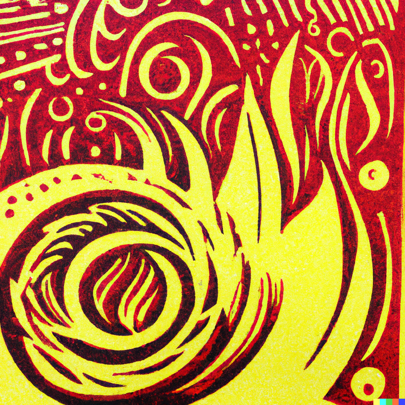 Yellow petals or licking flames swirl in front of red background