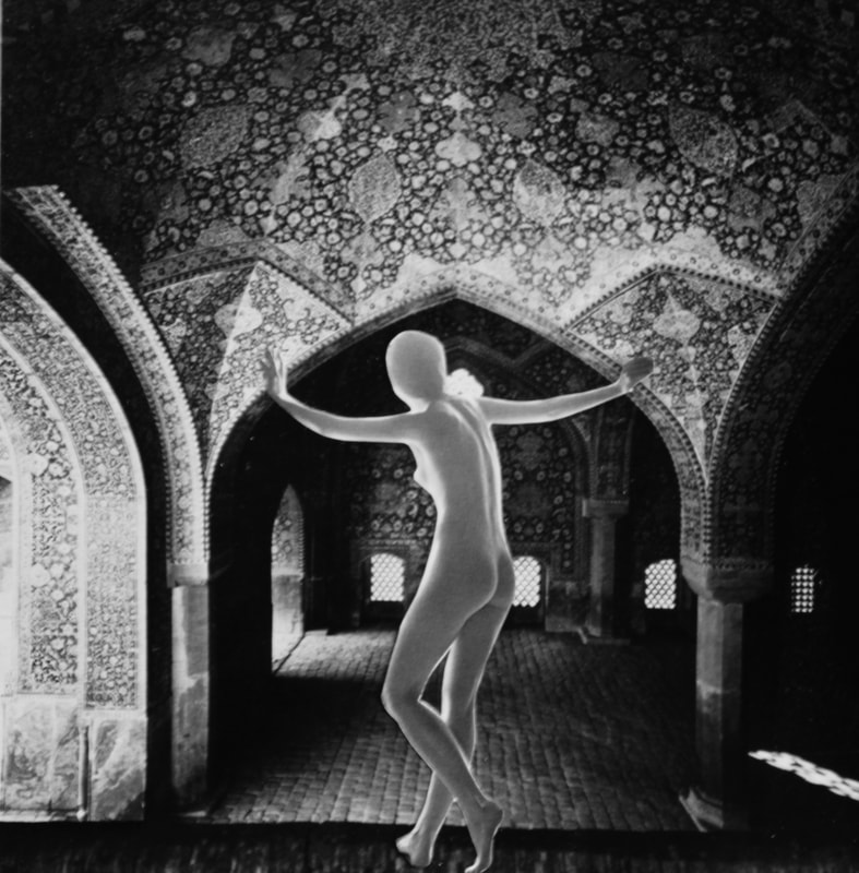 Nude woman in black and white faces away from the viewer. She stands in a sanctuary with her arms spread open wide. Collage.